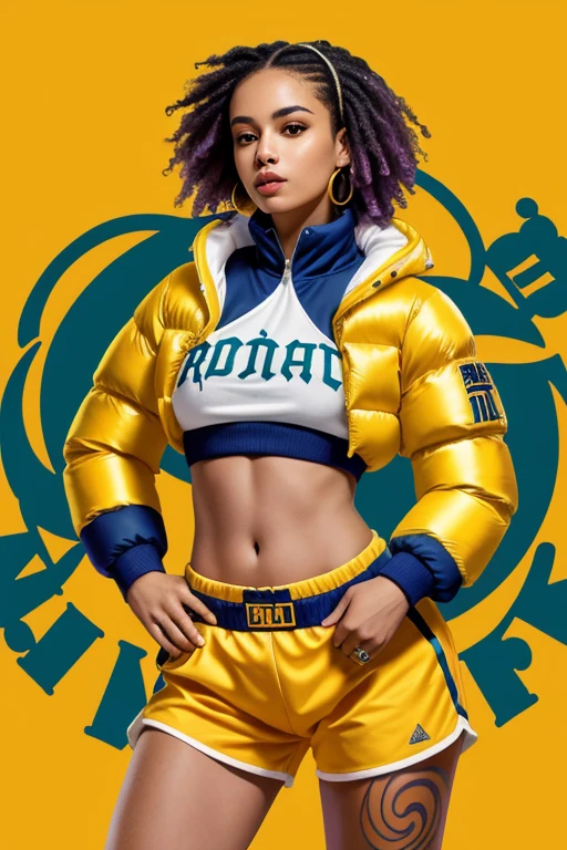 roxo: 1.5, laranja: 1.1, Branco: 1.3, amarelo: 1.3, (garota rapper com cabelo pavor), tatuagens, (roupas puffer do poder: 1.2), flor, folhas, mistborn, linhas, background circles, action pose