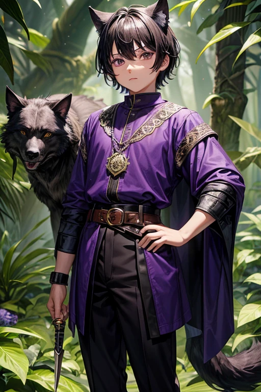 5 year old beast semi human boy with short black hair, peinado desorenado con orejas de lobo en la cabeza , medieval purple hunter clothing purple eyes holding a dagger brown shoes brown leather belt jade ornaments black wolf tail in forest background with magical symbols