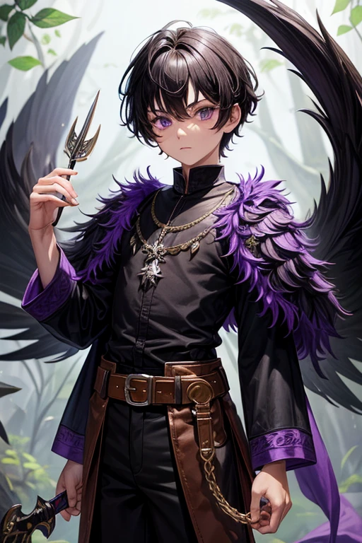 5 year old beast semi human boy with short black hair, peinado desorenado con orejas de lobo en la cabeza ,  medieval purple hunter clothing purple eyes holding a dagger brown shoes brown leather belt jade ornaments black wolf tail in forest background with magical symbols
