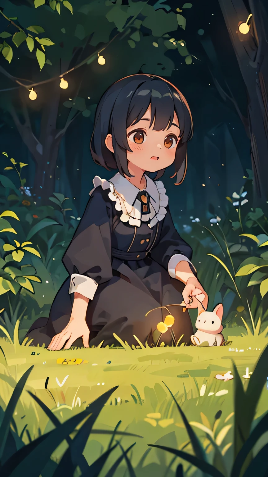 highest quality,4K,High resolution,masterpiece:1.2,Very detailed,Realistic,photo-Realistic:1.37,summer night,Two girls chasing fireflies,Mother watching nearby,figure,Dreamy atmosphere,Vibrant colors,Subtle lighting,grassland,Fireflies lighting up the landscape,Magic,Playful,Detailed hairstyle and dress,Delicate facial features,Curiosity and excitement were in the girls&#39; eyes.,Capturing the joy and innocence of childhood,Soft breeze rustling leaves,some stars shining in the sky,A sense of wonder and adventure.