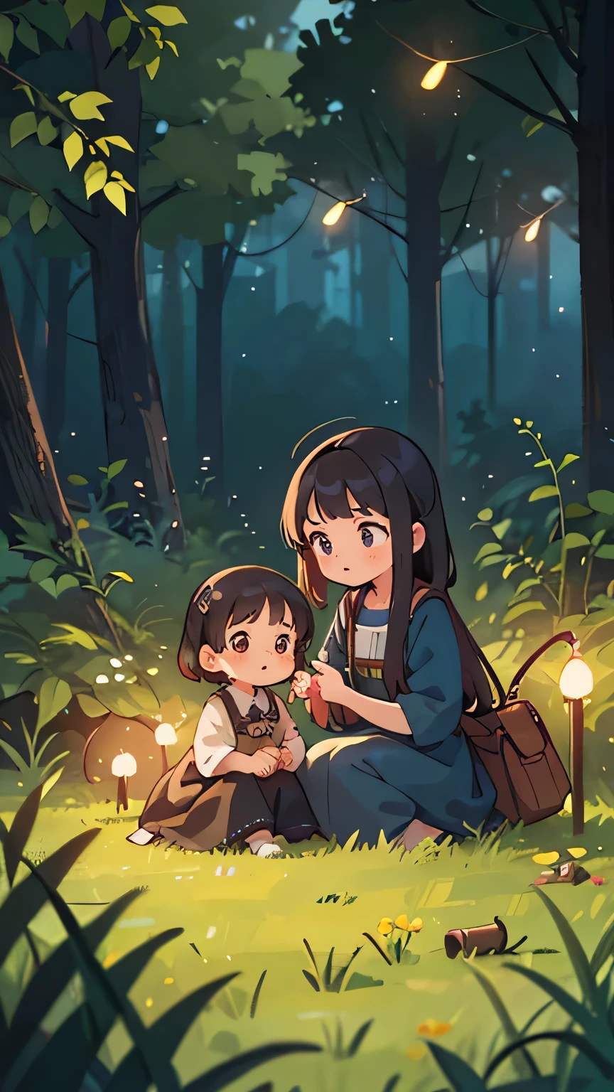 highest quality,4K,High resolution,masterpiece:1.2,Very detailed,Realistic,photo-Realistic:1.37,summer night,Two girls chasing fireflies,Mother watching nearby,figure,Dreamy atmosphere,Vibrant colors,Subtle lighting,grassland,Fireflies lighting up the landscape,Magic,Playful,Detailed hairstyle and dress,Delicate facial features,Curiosity and excitement were in the girls' eyes.,Capturing the joy and innocence of childhood,Soft breeze rustling leaves,some stars shining in the sky,A sense of wonder and adventure.