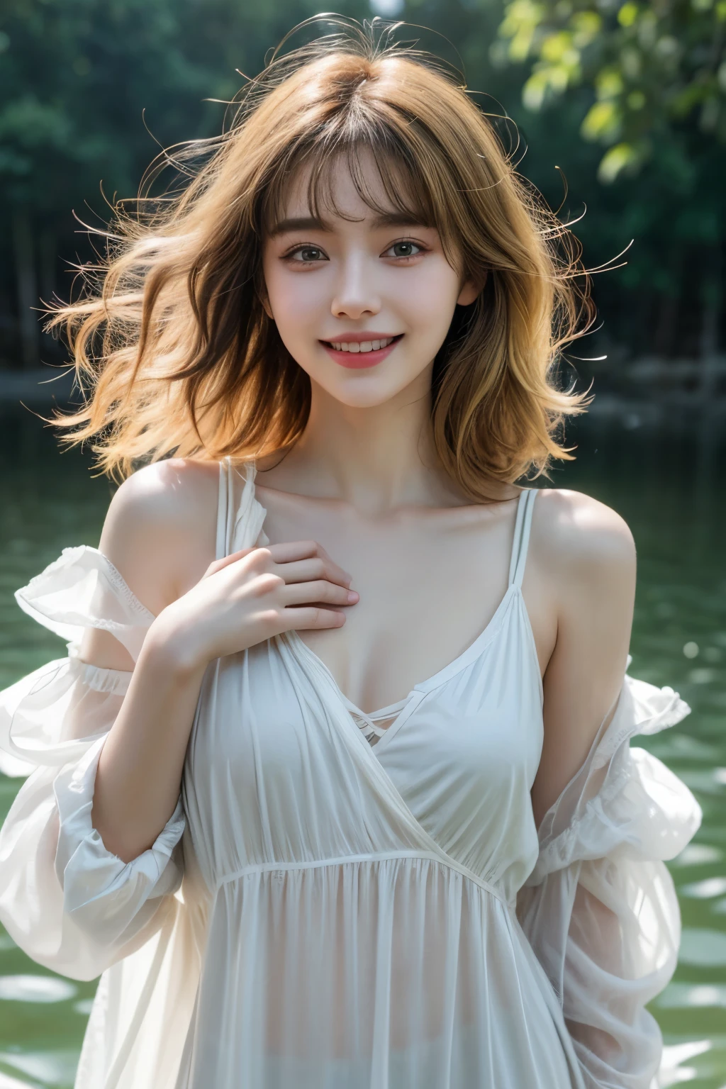 yellow_hair,chest tip exposed,background, shirt,((1 girl)), open,,shoulders exposed,crisp breasts exposed, clothes open half, hand held clothes, torn open, (very detailed CG Unity 8k wallpaper), (masterpiece), (best quality), (super detailed), (best illustration), (best shadow), (realistic), (PureErosFace_V1:0.5), lens flare, (depth of field), (natural lighting), ultra-high resolution, (eye detail) , (brunet) , (((transparent nightdress))),two hands undoing bra (exposed chest), 18 years old, background blur, (((teethchy smile on her beauty face with dimple))), (((floating hair))), (((floating clothes)))