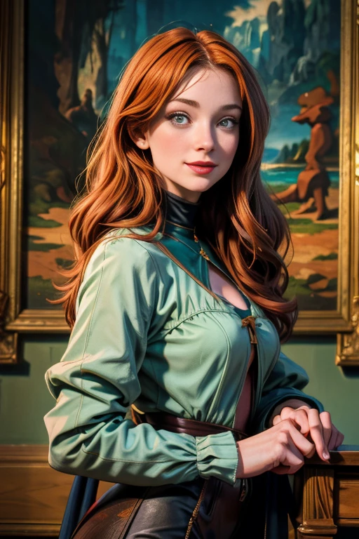 une femme de 25 ans, rousse, sexy, romantic smile, HD, 8k, masterpiece, a lot of details, la Joconde, Mona Lisa, posant, atelier de peinture, peinture sur les murs