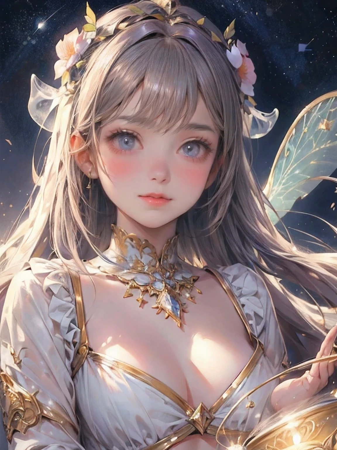 (best quality,4k,highres,masterpiece:1.2),beautiful detailed eyes,beautiful detailed lips,extremely detailed eyes and face,long eyelashes,floating,night meadow, Milky Way, starry sky, smiling face, 2fairies, firefly, nchanting, magical, ethereal, glowing, delicate, playful, soft, shimmering, surreal, dreamlike, whimsical, vibrant colors, gentle lighting