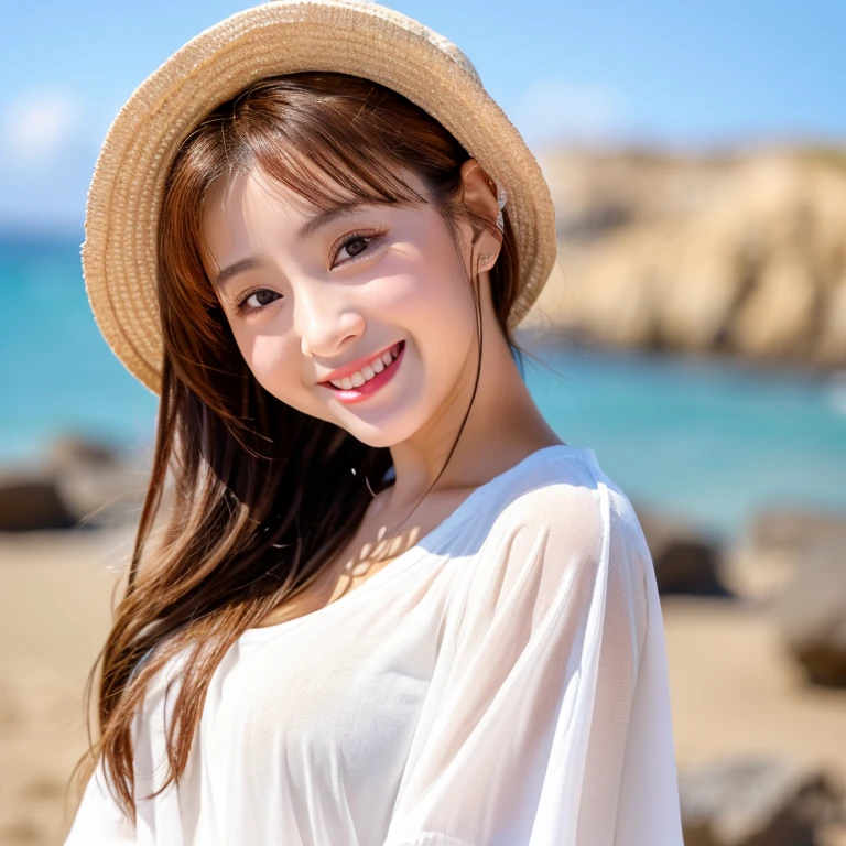 8K High Resolution、Photorealistic and vivid、A long, sheer white T-shirt、Big eyes like Imada Mio、A refreshing smile、Great style and beautiful looks、Large bust、Without glasses、No hat、ponytail、sexy、charm、Full body image、The background is a sandy beach by the sea