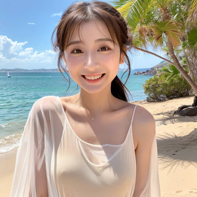 8K High Resolution、Photorealistic and vivid、A long, sheer white T-shirt、Big eyes like Imada Mio、A refreshing smile、Great style and beautiful looks、Large bust、Without glasses、No hat、ponytail、sexy、charm、Full body image、The background is a sandy beach by the sea