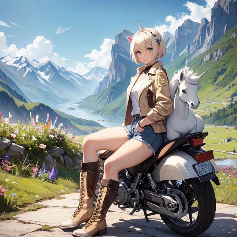White Unicorn Blonde girl PiercingsShort Hair Wearing brown boots Short trousers denim Leather jacket In the mountains Flowers are blooming