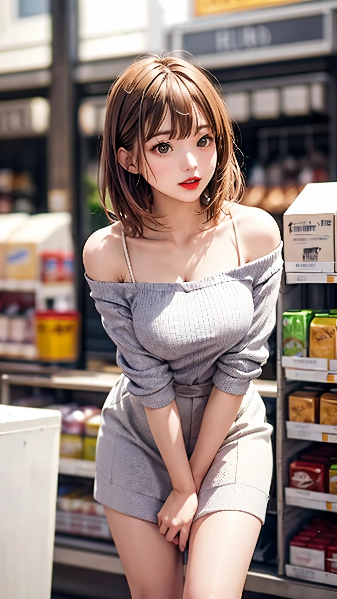 highest quality、4K quality、Young woman shopping、A casual off-the-shoulder shirt、Short skirt、Beautiful thighs、Soft breasts、Looking up at the photographer、Covering her visible breasts with her hands、Photographed from below, front、Red lipstick、Even bangs、Blonde slender