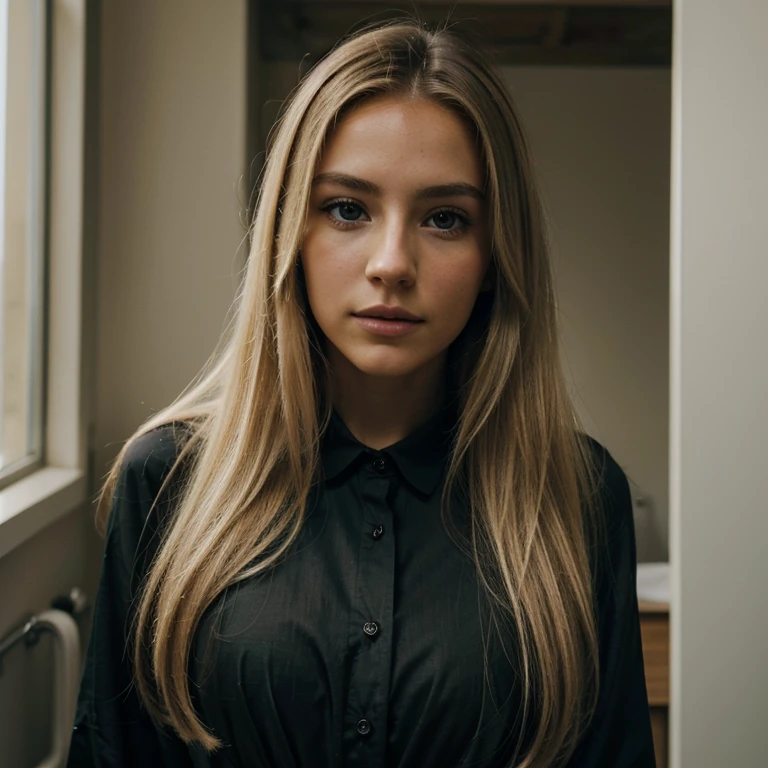 Une femme blonde de 23 ans, ((hyperréalisme)) ,. blonde hair with light brown roots. cheveux blond, Cheveux aux racines brunes, very long hair, very long hair, very long hair, Beau, vue de dos, photo automatique, Photo prise avec iPhone, elegante camisa negra con encolure, Coupe-bas, photo automatique, high quality, photo automatique iPhone, encolure, yeux verts, full lips, iphone noir