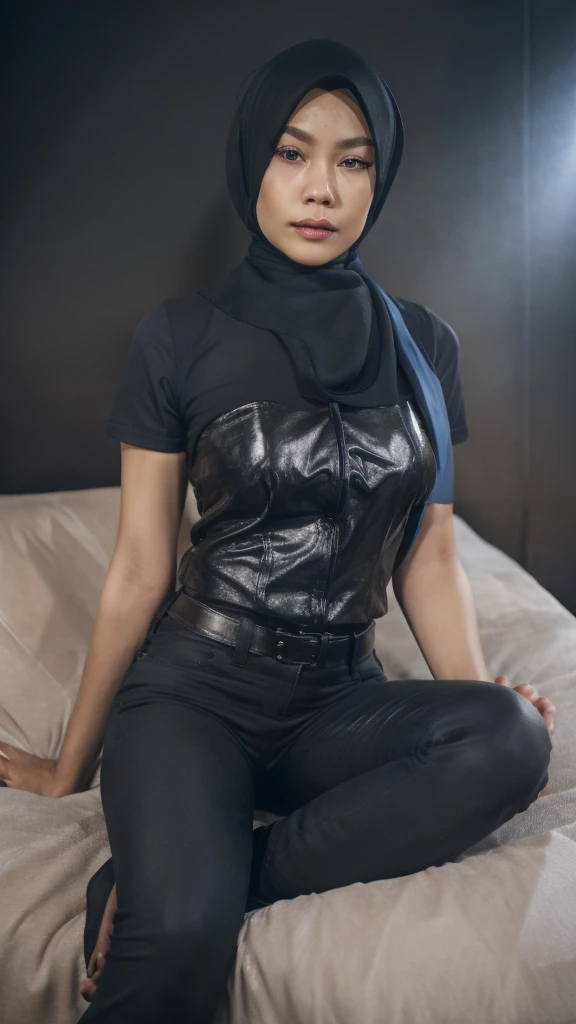 masutepiece, Best Quality, hight resolution, 1 malay girl in, Solo, hijab, Blue eyes, Black Gloves, sexy  Police Uniform, black tight pants, Short sleeves, Cowboy Shot,