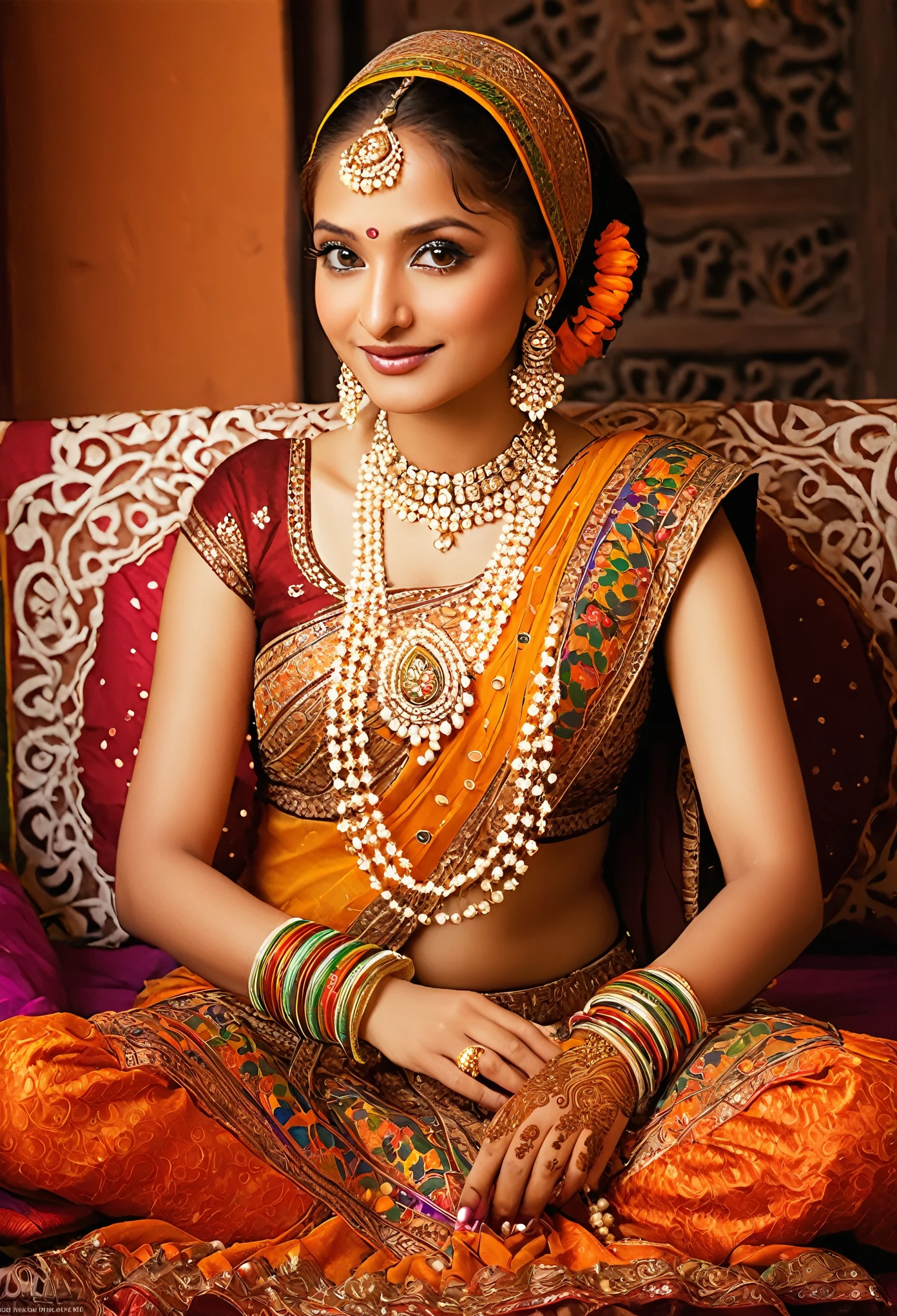 (a girl with traditional Indian dress and jewelry),colorful decorations, vibrant colors, ornate patterns, cultural heritage, elaborate henna designs, bright silk fabrics, intricate embroidery, exotic flowers, beautiful mehndi, traditional instruments, graceful dance, joyful celebrations, intricate mehndi designs, lively music, mesmerizing dance moves, vibrant festivals, rich cultural traditions, traditional Indian architecture, bustling streets, aromatic spices, intricate jewelry designs, elegant sarees, grand festivities, expressive eyes, graceful hand gestures, intricate rangoli designs, bustling markets, traditional Rajasthani paintings, intricate mehndi on hands and feet, colorful turbans, enchanting melodies, classical Indian dance, intricate bangles, majestic palaces, ancient temples, lush landscapes, exquisite tapestries. (best quality, highres, ultra-detailed), (photorealistic, realistic:1.37), portraits, vibrant colors, warm color tones, soft lighting.