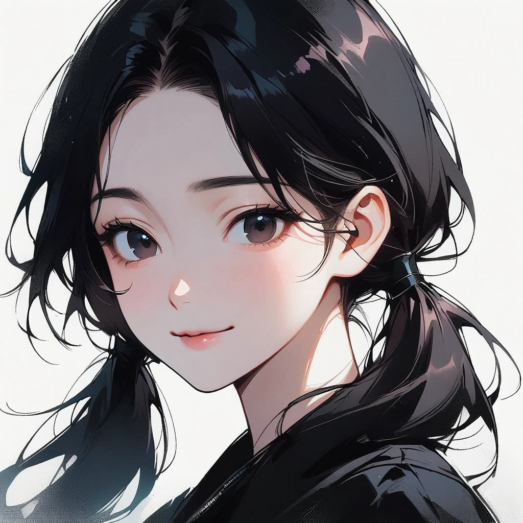 Pigtails, slender, pale, Pure, simple, White background, close-up of the face, black hair, black eyes, Straight hair, Asian eyes, Slanted eyes, Small eyes, Narrow eyes, Chinese eyes, korean, smiling, wind