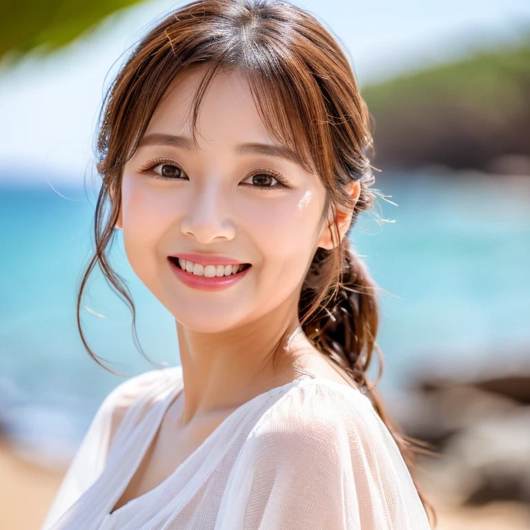 8K High Resolution、Photorealistic and vivid、A long, sheer white shirt、Big eyes like Imada Mio、A refreshing smile、Great style and beautiful looks、Large bust、Without glasses、No hat、ponytail、sexy、charm、Full body image、The background is a sandy beach by the sea