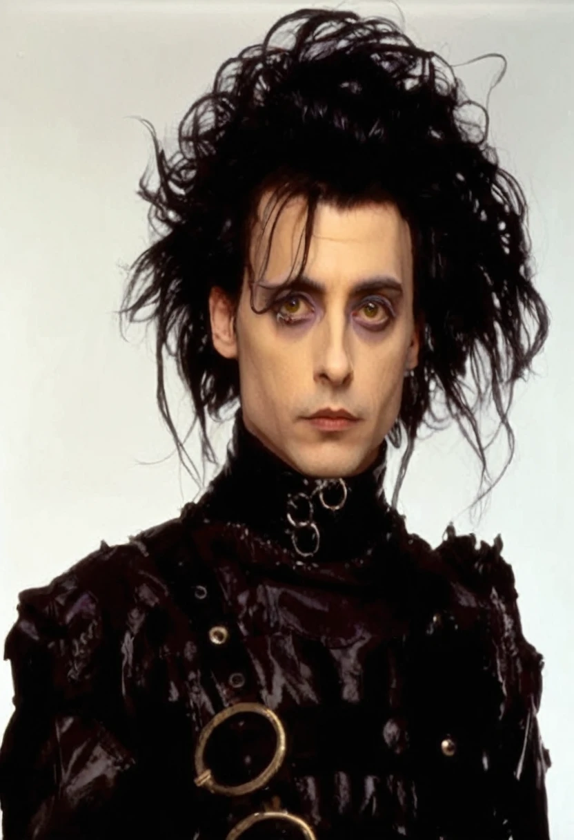 um close de uma pessoa com um estilo de cabelo estranho, Eduardo scissorhands, in a Tim Burton movie, a Tim Burton film, Tim Burton's style, iconic movie character, Tim Burton, Tim Burton style, Johnny Deep, Tim Burton supersampled, com olhos negros de esclera, Eduardo, personagem de filme, gothic mall, in style of Tim Burton, ((cyberpunk)), ((terno e gravata))