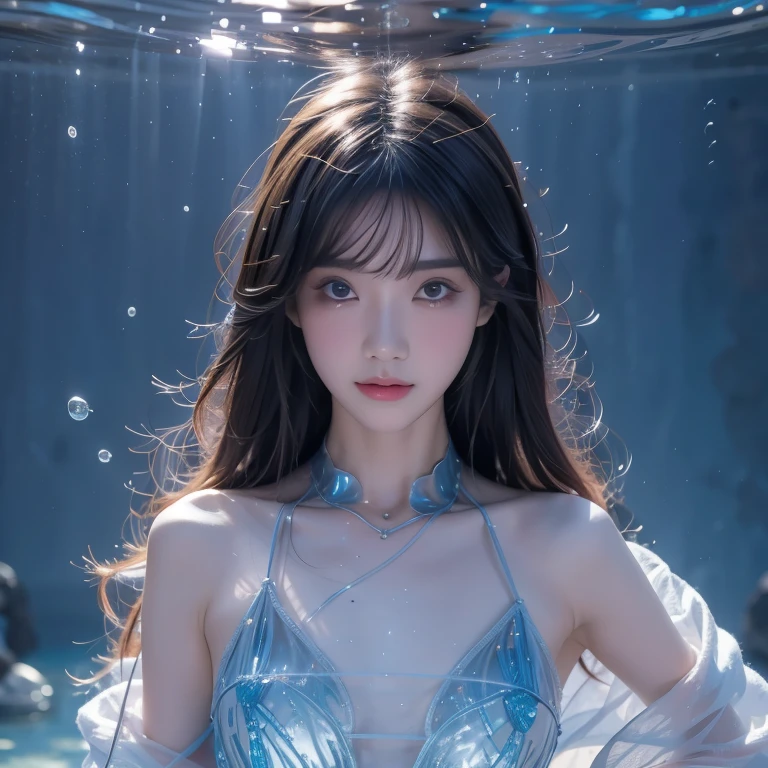 Best quality，masterpiece，Ultra-high resolution，Clear face,（Reality：1.4），RAW photos，Cold Light，Woman wearing transparent clothes underwater，Full body image，Wallpaper Anime Blue Water，Gouvez-style artwork，closeup fantasy with water magic，A beautiful artistic illustration，Water Nymphs，Beautiful digital artwork，