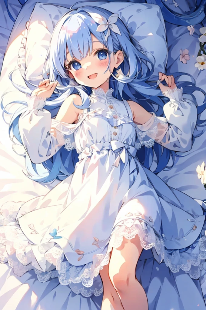 In a pure white space, a cute moe angel girl is taking a peaceful nap. Her sleeping face is full of happiness. A cute , 6 years old, with long eyelashes, attractive and sparkling big eyes. She is wearing a cute little angel mini-dress with lots of ribbons, lace and frills, and a big smile on her face. The texture is a combination of watercolor and moe anime textures, the world is full of mysterious light, cute, gentle, healing, magical fantasy, top quality, top image quality,