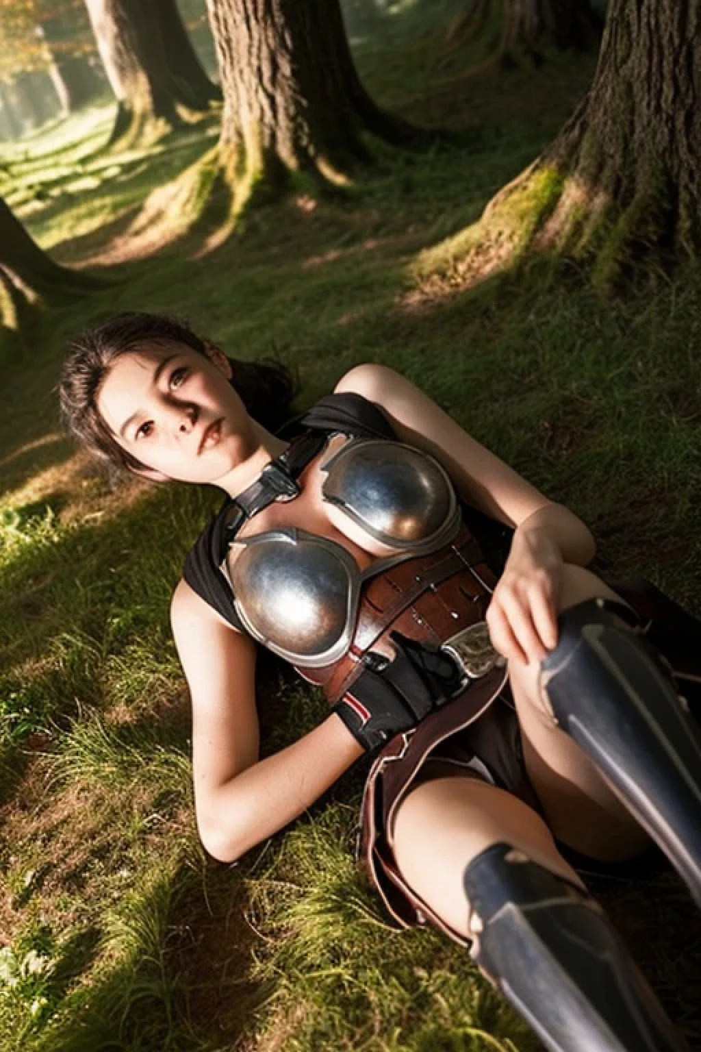 Half naked, best quality,Wounded,corpse,killed,metal small breastplate,female knight,girl,middle ,14 ynder,in the forest,Detailed skin texture,Sleeveless,feet,Spread your legs,Fall down,night,looking up,(SFW:1.5),(photo Realistic:1.4), (hyper Realistic:1.4), (Realistic:1.3),detailed face,View from above