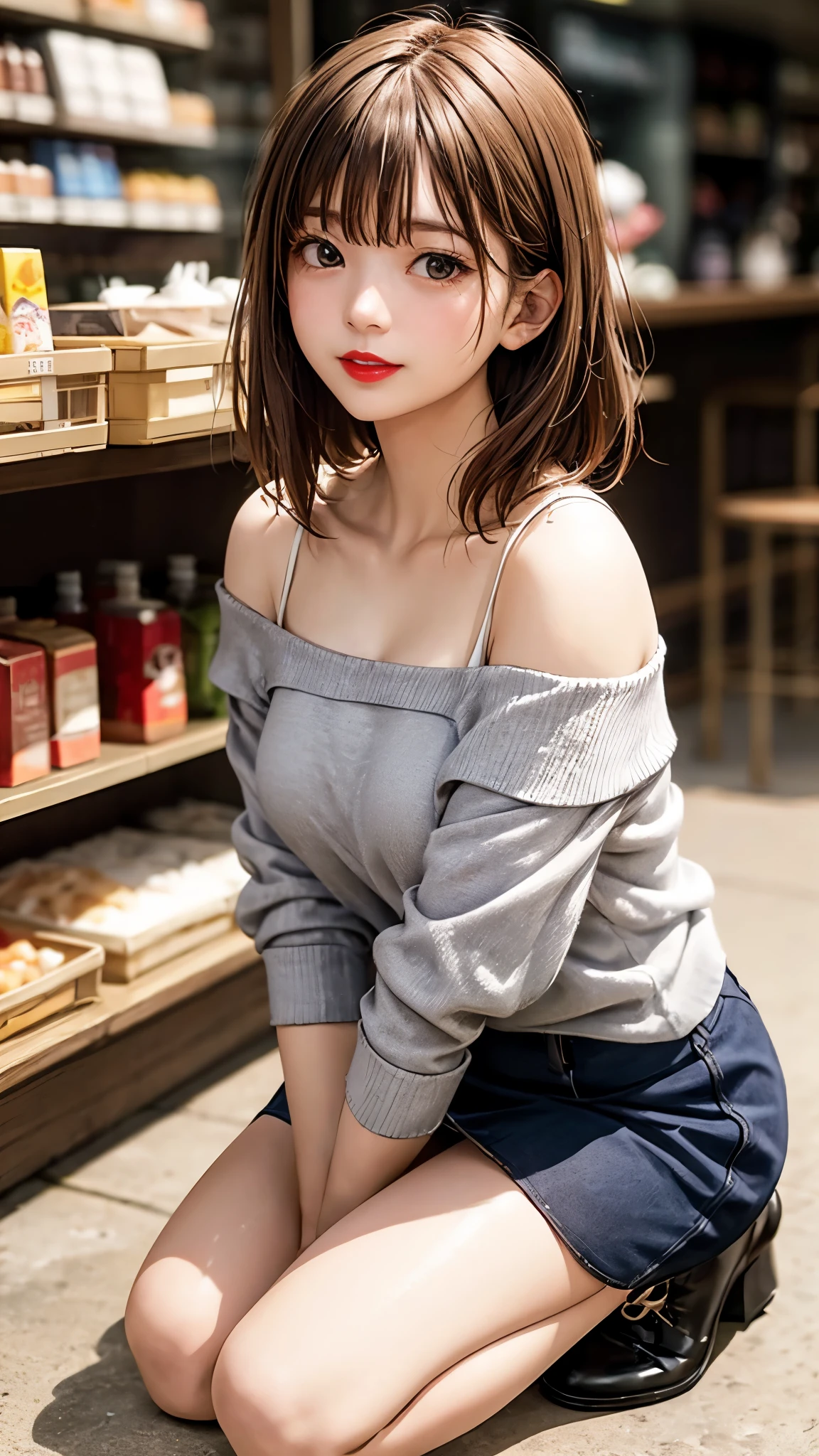 highest quality、4K quality、Young woman shopping、Off-shoulder tight shirt、Short skirt、Beautiful thighs、Soft breasts、Looking up at the photographer、Bend down on one knee to put on shoes、Hide your chest with your hands、Photographed from below, front、Red lipstick、Even bangs、Blonde slender