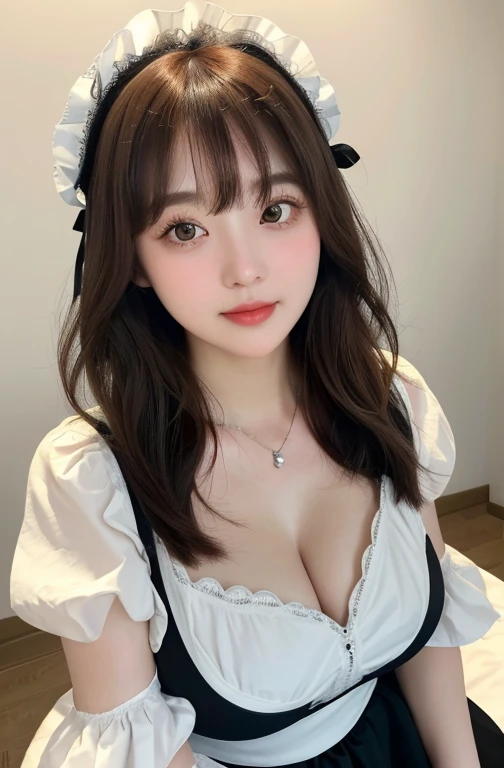 Beautiful fair and glowing skin、Chestnut hair that changes with the light、Long bangs between the eyes block your view、Blush Highlight、Sexy and beautiful，Attractive face、The most beautiful face in the world、Short Bob、Smooth straight hair、Large Breasts、Beautiful breasts、cleveage、Big, bright eyes、Beautiful bangs、Beautiful and beautiful woman。Small face beauty、Headdress、White shirt、Black Ribbon、Puff sleeves、collar、Necklace、Beautifully frilly white apron、Black maid outfit、Upper Body、(Mature female , Large Breasts,Sagging breasts、Cleavage, cleveage、Thick thighs, Wide hips, Curvy beauty, Perfect body，)