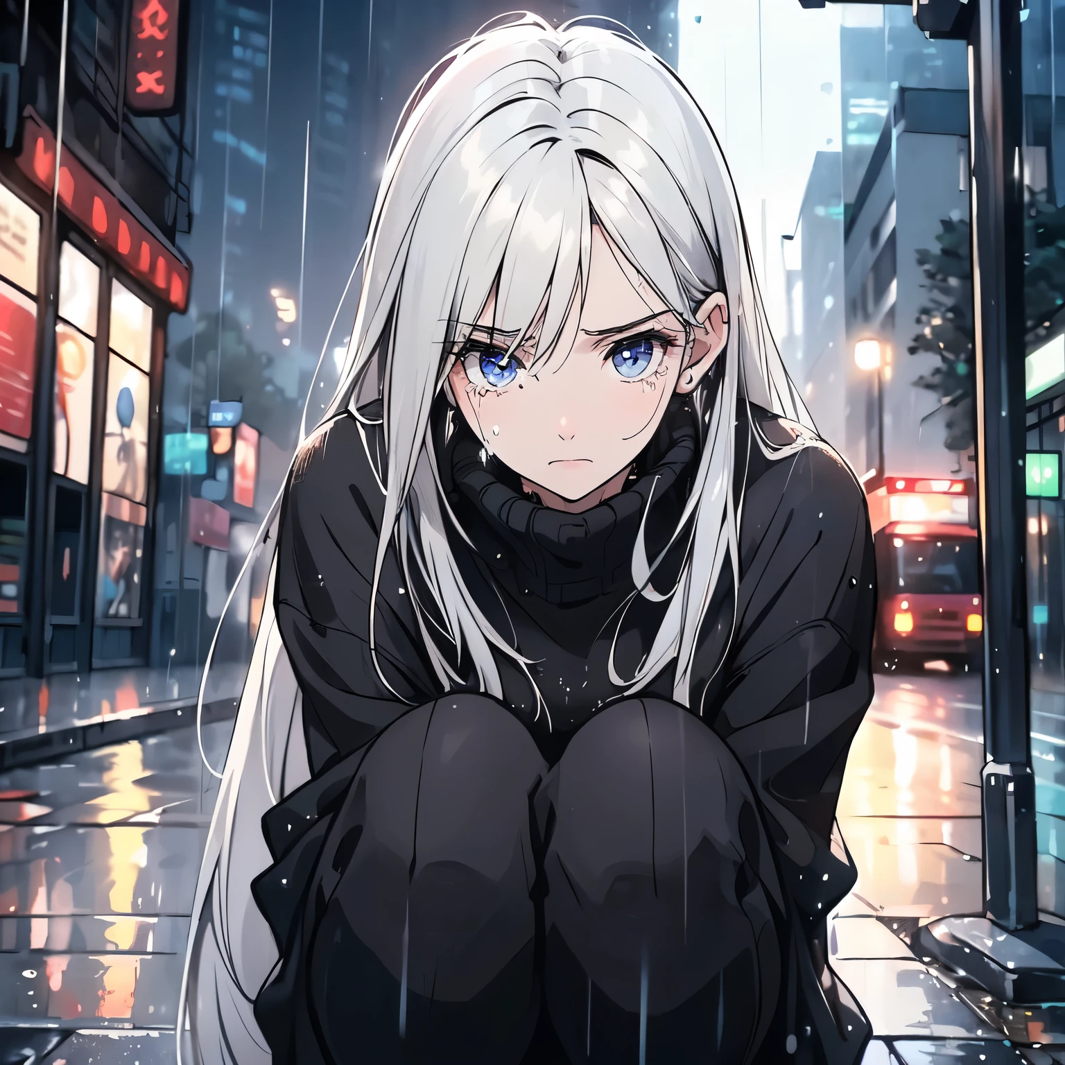 A white hair，20-year-old girl in a black sweater，Crouching on a rainy city street，Painful expression，Open your mouth and cry，Tearful eyes1.5，Tears 1.5（Upper body display：1.5）（cinematic lighting：1.5）)(ultra-high detail:1.5)(best quality:1.5)