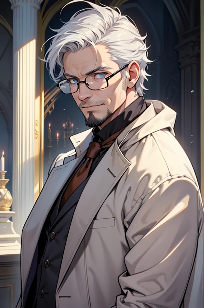 (Meticulous description) (Meticulous hair depiction) (Carefully portray the eyes) (Carefully portray the face) (Detailed portrayal of the human body) (Detailed portrayal of the half-body) (Handsome uncle)(quadratic element)One man only,uncle,Clear face,sharp look,Uncle lineage,dyna,exquisite CG,Exquisite illustrationale people,wrinkles,47-year-old uncle,Middle aged,Pan,nobles,A half body,White gloves,high and cold,professor,Sneer Smile,a sense of atmosphere,White hair meticulously combed at the back of his head,Big back without bangs,Short beard,Gray-blue eyes,Wearing a long white trench coat, black shirt, brown tie, and long purple scarf sags naturally,wears glasseore details,The light from the back window is backlighted,toplight,closeup cleavage 【The eternal seven-day capital of Hilo】