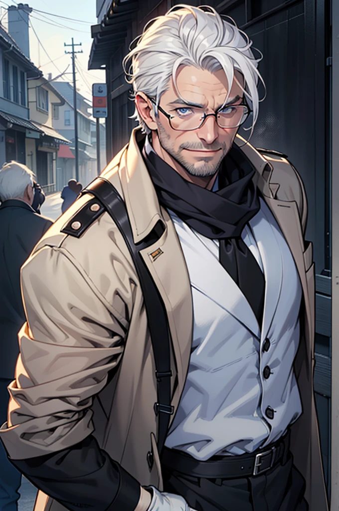 (Meticulous description) (Meticulous hair depiction) (Carefully portray the eyes) (Carefully portray the face) (Detailed portrayal of the human body) (Detailed portrayal of the half-body) (Handsome uncle)(quadratic element)One man only,uncle,Clear face,sharp look,Uncle lineage,dyna,exquisite CG,Exquisite illustrationale people,wrinkles,47-year-old uncle,Middle aged,Pan,nobles,A half body,White gloves,high and cold,professor,Sneer Smile,a sense of atmosphere,White hair meticulously combed at the back of his head,Big back without bangs,Short beard,Gray-blue eyes,Wearing a long white trench coat, black shirt, brown tie, and long purple scarf sags naturally,wears glasseore details,The light from the back window is backlighted,toplight,closeup cleavage 【The eternal seven-day capital of Hilo】