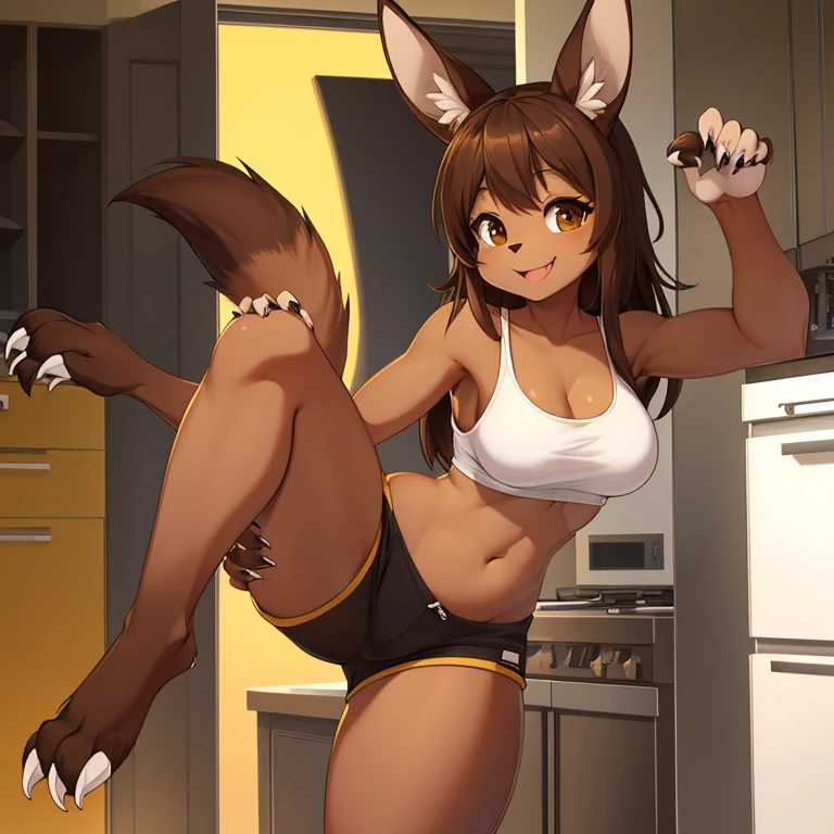 a cartoon of a kangaroo holding on to its leg in a kitchen, solo, 1girl, furry female, hand on hip, breasts, wearing black shorts, furry, standing, body fur, animal ears, tail, smile, yellow background, happy, brown fur, full body, looking at viewer, closed mouth, claws, arm up, hand up, animal nose, brown hair, animal hands, flat color