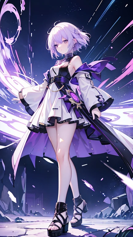 Write about one white and purple haired lightning and fire ability that was created by the fusion of two people, a white haired old girl with fire ability and a purple haired 16 yearrl with lightning ability, who became one. Also, please wear clothes that are a combination of the two people's clothes.