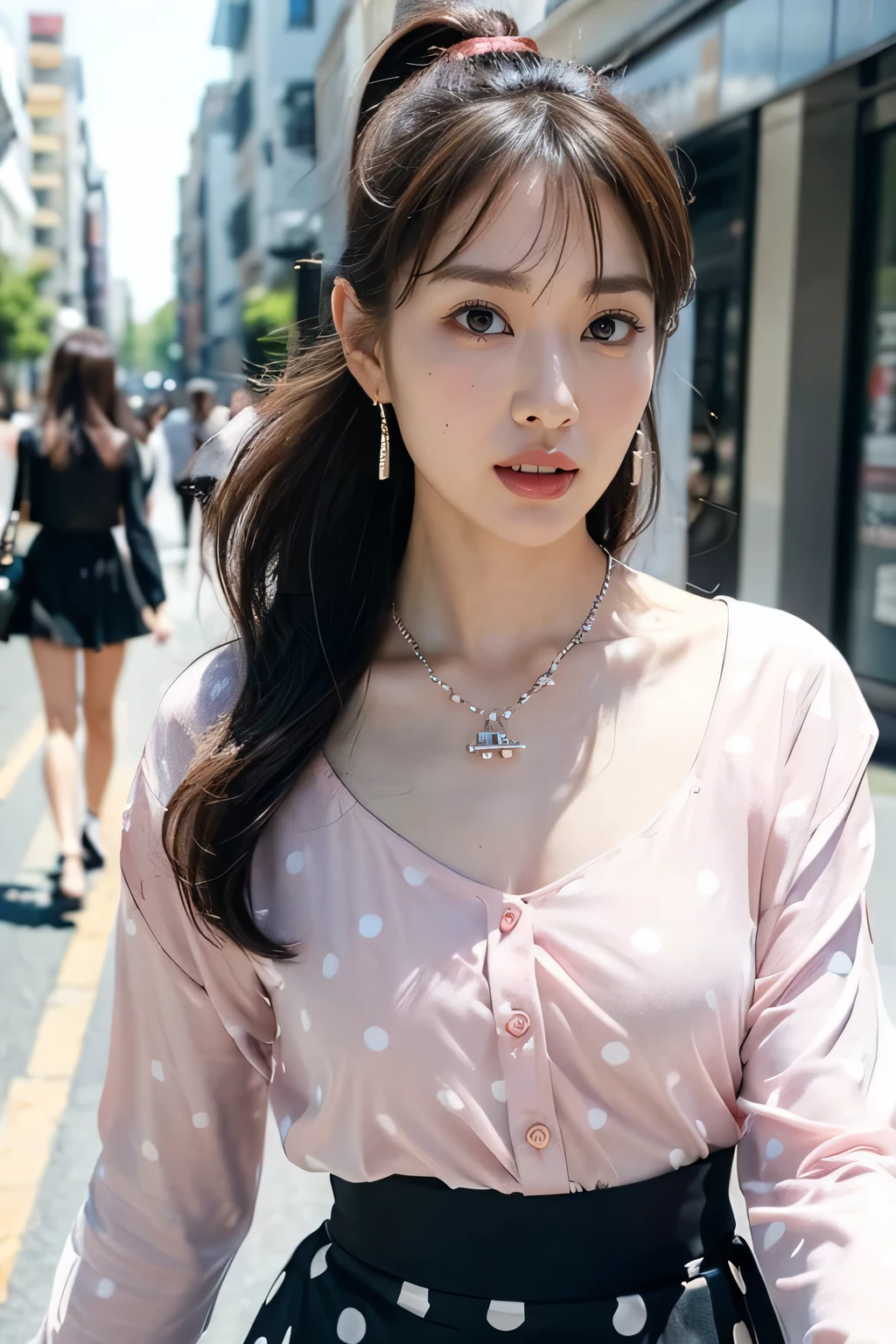 whole body,Girl1people々々,In one people々々,
(8k, RAW Photos, highest quality, masterpiece:1.3),(Realistic, photo-Realistic:1.37),Realistic skin texture,(photoRealistic:1.3),(hyperRealistic:1.2),

Age 25, 1people, ((Beautiful people々 female announcer, Cute mouth:1.2)),

((Gorgeous Earrings, length Necklace:1.2)), 
((Stroll along the fashionable streets, people々々Attract the attention of, Polka dot long sleeve shirt, Short flared skirt:1.5)),
(Pay attention to the beautiful thighs, I flipped up my skirt:1.5), 

((Sexy vibe, Kissing Mouth, Poke out your lips, Cute and shy, Staring at the audience)),

Realistic skin texture, Fair skin, Shiny skin, Beautiful skin on legs, Beautiful feet, 
Highly detailed face, Slim face contour, Beautiful small face, Beautiful Nose, 
Very beautiful eyes, length, Narrow eyes, Brown eyes, double eyelid, Very thin eyebrows, thin, length eyelashes, 
Ultra-detailed lips, Plump and moisturized lips, Glossy pink lips, Blushed, 
Beautiful people々々 actress&#39;Fatigue makeup, Pink lipstick, smokey eye shadow, Eye Foundation, 
Dark brown hair, Delicate and soft hair, Hair blowing in the wind, 
(Elegantly putting your hair up, Medium Short Hair, ponytail:1.2), 
Layered Cut, (Blunt bangs:1.2), 
((Open your mouth a little to show your white teeth,, stick out your tongue a little)), Body facing forward, 


((Lift your face a little)),
((Squint your eyes)), 
((purse your lips:1.2)),
((Blushing:1.2)),
