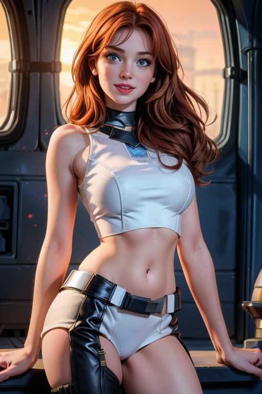 une femme de 25 ans, rousse, sexy, romantic smile, HD, 8k, masterpiece, a lot of details, star war, soldat de l'empire, armure blanche