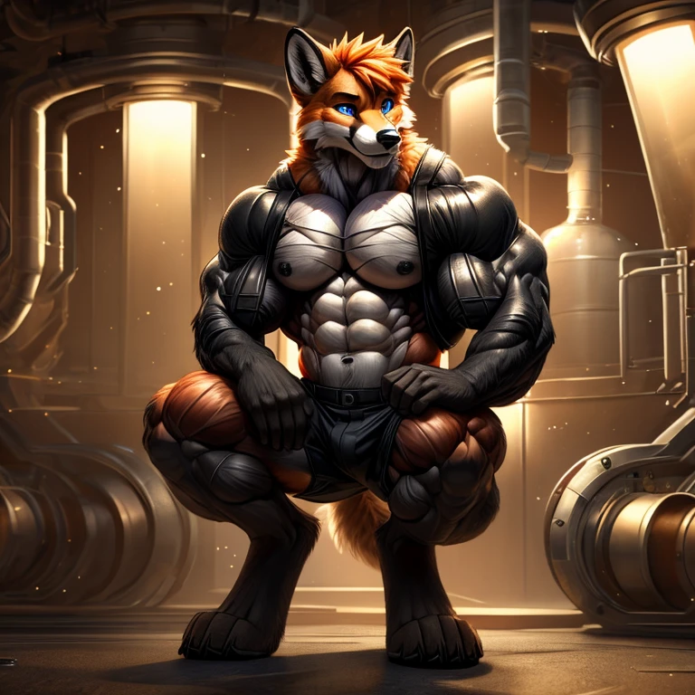 Masterpieces, furry, male, Anthropomorphic, red fox, blue eyes, black mark on muzzle, thin body, age 20, Delicate eyes, furred body, on a nuclear reactor, perfect lighting, light particles,(best quality),(masterpiece),(ultra detailed), sharp focus, light particles, detailed barren background, black camo military short, shirtless, wearing heavy bulletproof vest , no shirt , fierce look, soldier look, full body, six pack abs, brown forearms, (detailed muscle:2), orange hair, digitigrade, open black leather jacket