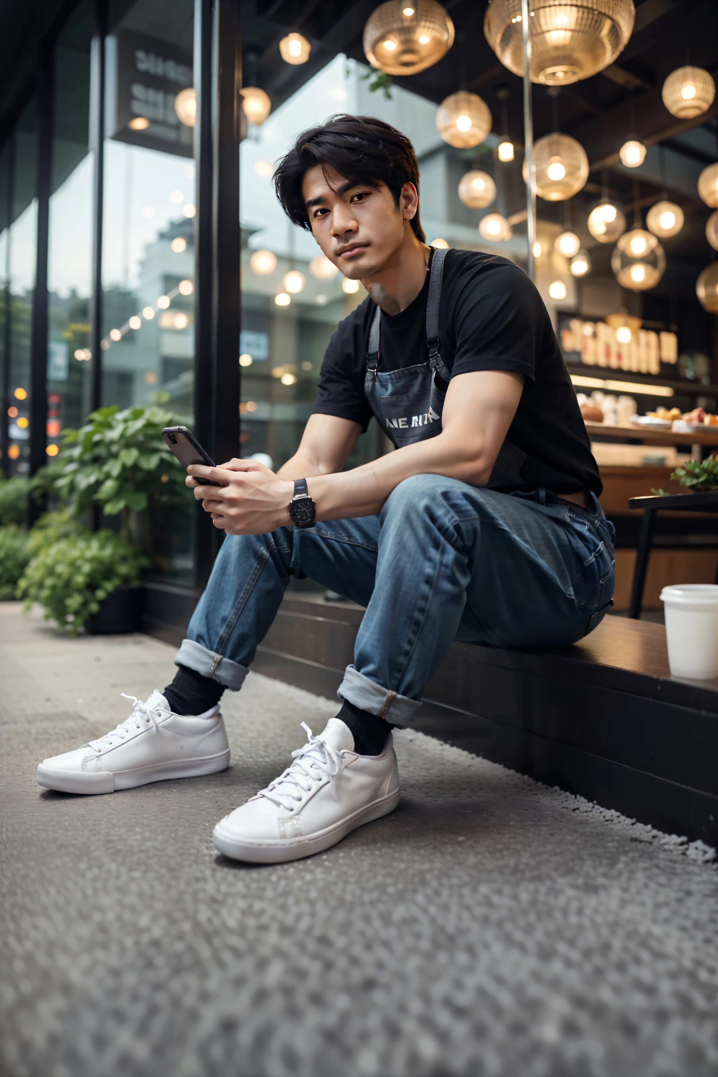 Alafid man sitting on the ground using mobile phone, Wearing white sneakers, Wear casual clothes, Medium Portrait, Korean male, Wear casual clothing, Inspired by Lee Jeon Suk, Paint Ulzan, Casual clothing style, Standing in the restaurant, Casual Modern Clothing, High quality portrait, Wearing off-white style, Daily Wear, jinyoung shin
