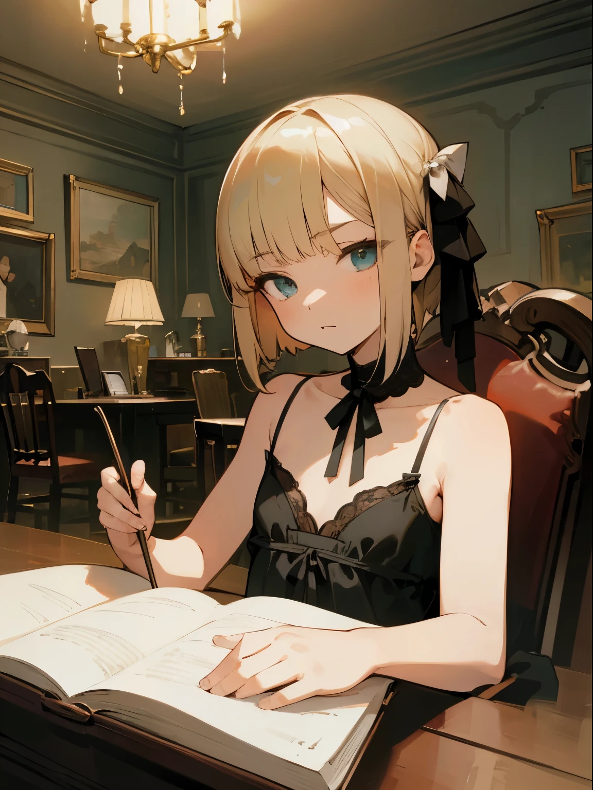 Reines, 1girl, high quality, best quality, illustration, masterpiece, (highly detailed:1.2), (extremely detailed:1.3), pajamas, sleeveless, backless, young girl, string ribbon, bare shoulders, braid, , , sitting on chair, in a house, flat chest, (children:1.2), children reading a book, short hair, selfie, armpits