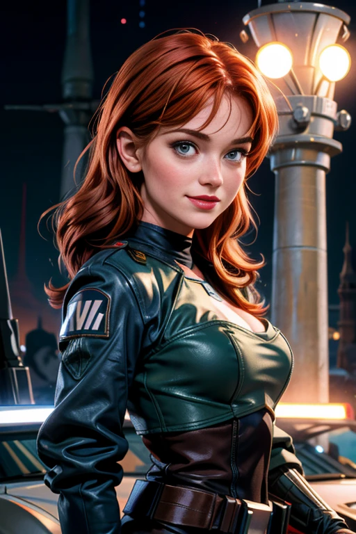 une femme de 25 ans, rousse, sexy, romantic smile, HD, 8k, masterpiece, a lot of details, star war, soldat de l'empire, armure blanche