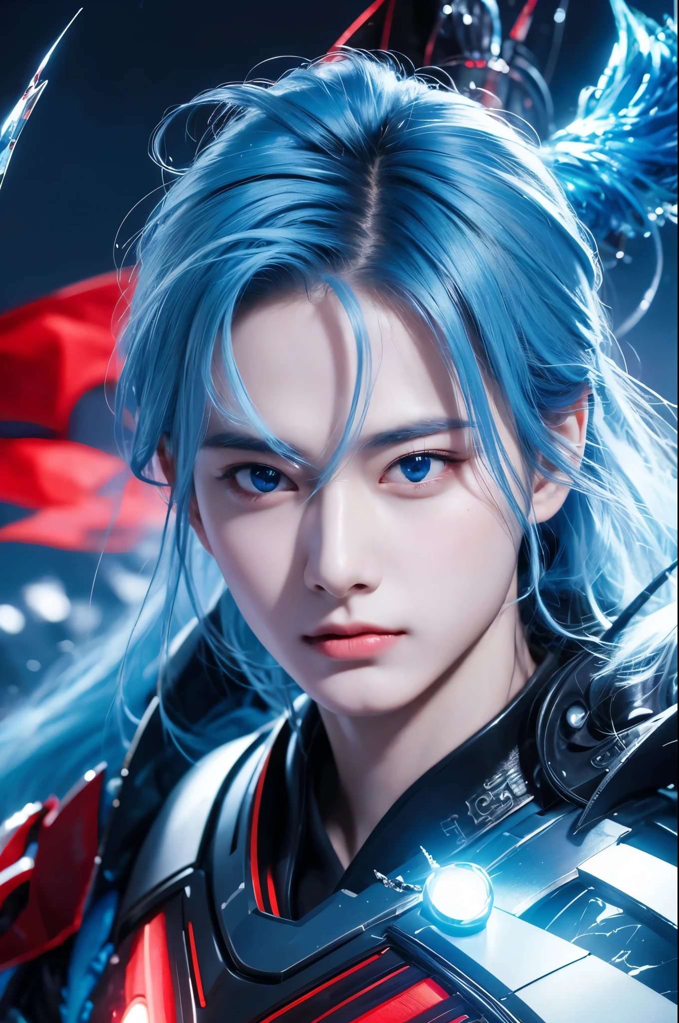 "Enjoy a visual feast as you witness the astonishing transformation of the handsome 20-year-old Saitama, a being of unparalleled strength and captivating aura. With vibrant blue hair and piercing red eyes , this energetic person will surprise you."