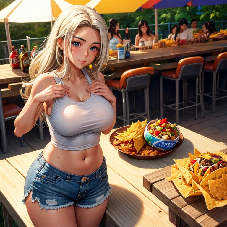 Mexican woman eating tacos, Mexican food stall tortillas and nachos Tight tank top and hot pants highest quality Tequila and Corona beer on the table String Panties