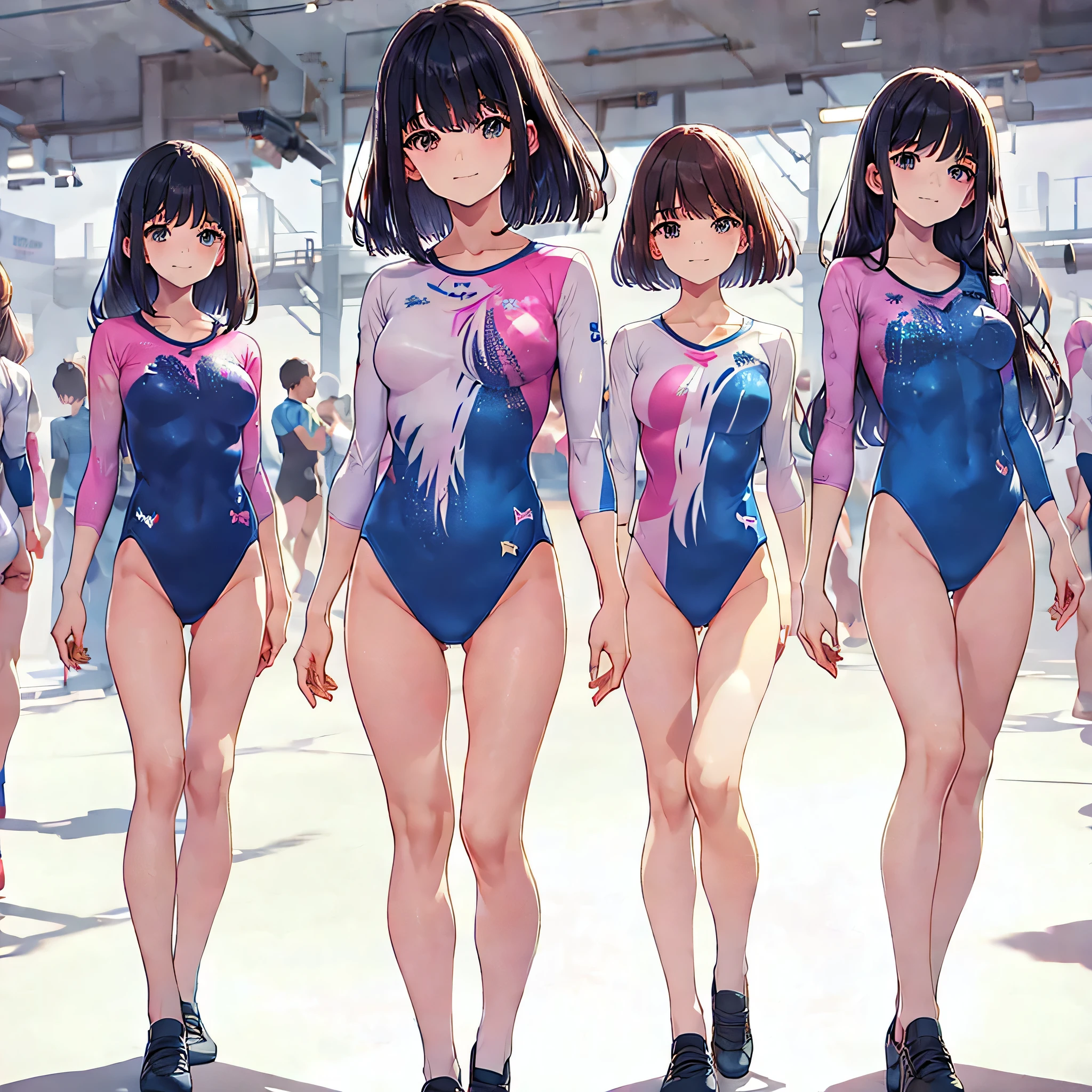 ((full body)),(masterpiece, best quality), (2 girls1.5) ,((Contrapposto:1.5)), looking at viewer, walking,((v_arms:1.2)),(Gymnastics club), (wearing gymnastics_longsleeves_leotard_outfit leotard:1.3),(simple leotard:1.3),(blue and pink leotard:1.3) ,((Ribbon print leotard:1.2)), ballet shoes,blue shirt , BREAK masterpiece black hair, ((long hair:1.2)), ((parted bangs:1.3)), black eyes, good hand, ((small breasts)), (over 20 years old, under 25 years old:1.2), , spotlight, happy, smile, BREAK white backgro