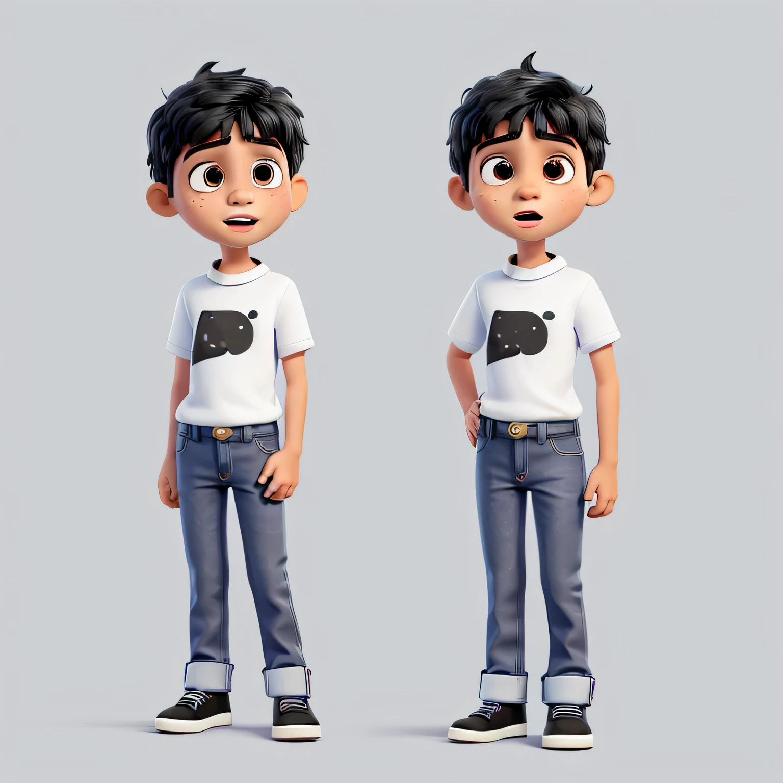 Miguel was a six-year-old autistic boy, wearing jeans, a white shirt with a black collar, Miguel with a surprised expression on his face. image white background, only the character in the image