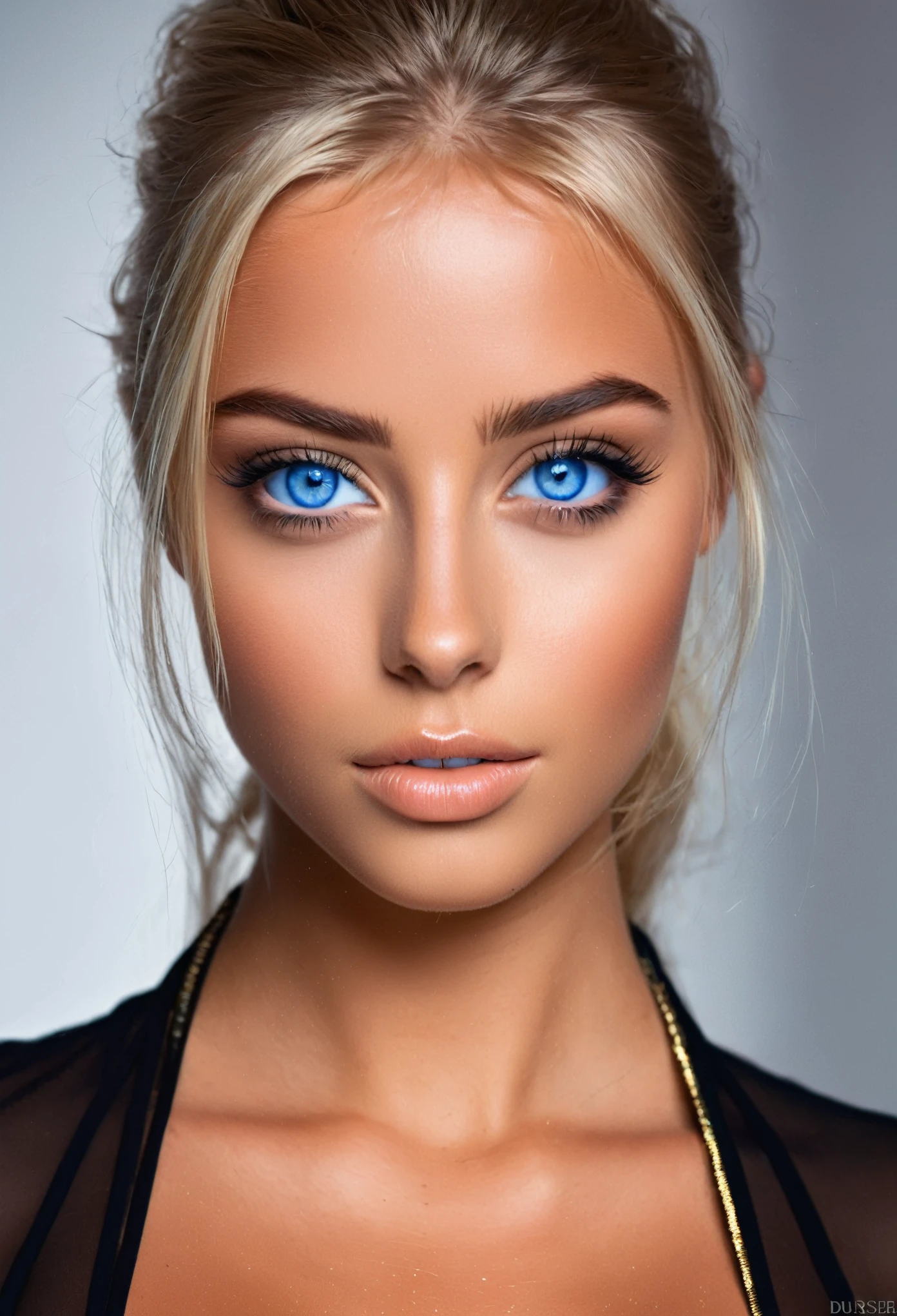 22 year old beautiful woman with blue eyes and a black top, Portrait of a tanned beauty, blaue stechende Augen,durchdringende blaue Augen, perfektes Gesicht und Augen, Blonde Haare und blaue Augen, beautiful female model