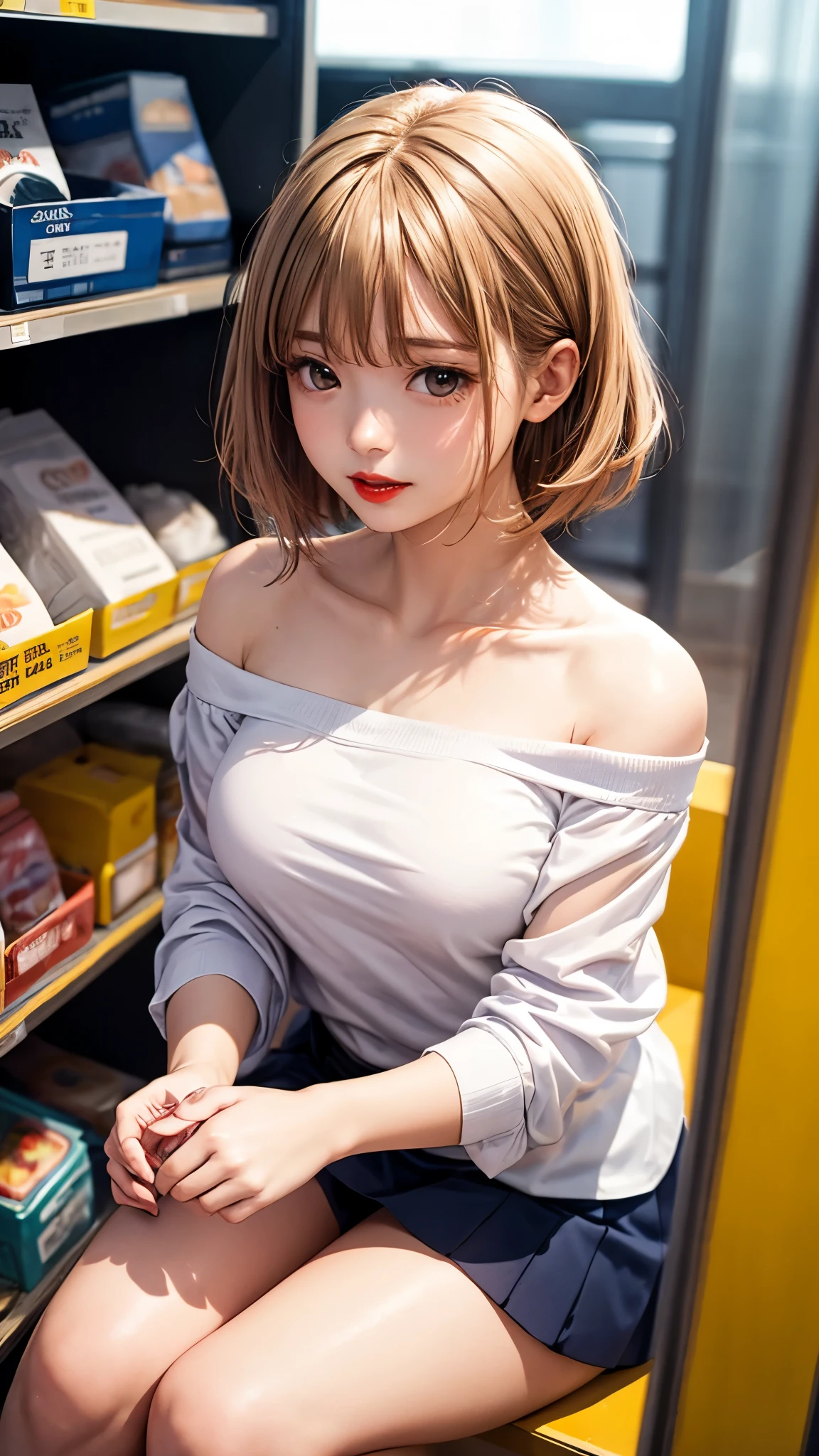 highest quality、4K quality、Young woman shopping、Off-shoulder tight shirt、Short skirt、Beautiful thighs、Soft breasts、Looking up at the photographer、Bend on one knee、Hide your chest with your hands、Shot from the top of the front、Red lipstick、Even bangs、Blonde slender
