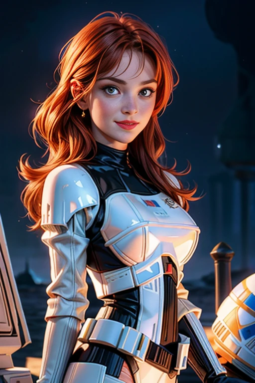 une femme de 25 ans, rousse, sexy, romantic smile, HD, 8k, masterpiece, a lot of details, star war, storm trooper, soldat de l'empire, armure blanche