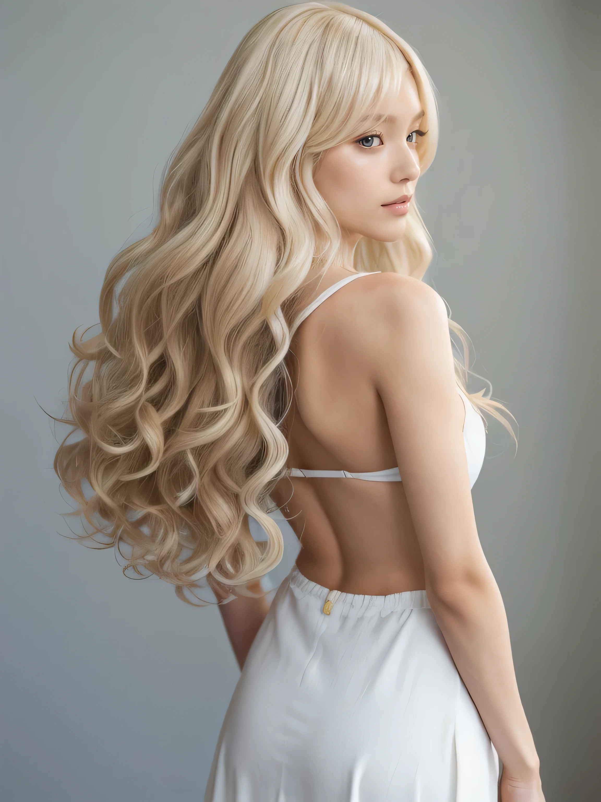 (Pure white wall background:1.8. Upper body photo from the knees up) ((Random poses showing as much back and hair as possible:1.5)) ((Beautiful 24-year-old hair model with long platinum blonde hair, girl with super length Hair, extremely length Hair, extra length Hair, very long, Flowing Hair, very length Hair, length Hair girl, very long, Flowing platinum blonde hair, length Hair windy, very longプラチナブロンドヘア, length, Flowing Hair, length and or curly hair, with length Hair, length Hair!!!! Her highest quality hair is long and 真っ直ぐ or curly hair very long, highest quality platinum blonde, length hair in the center, Highest quality long Straight or curly hair, length, Straight or curly hair, beautiful, High quality platinum blonde hair, length and platinum blonde hair highest quality Straight or curly hair, length Hair, length and Straight or curly hair, highest quality platinum blondeヘア, Perfect silky Straight or curly hair of the highest quality, Straight or curly hair, highest quality platinum blondeヘア, length platinum blonde hair Straight or curly hair, length, Thin platinum blonde hair Her hair is long and Straight or curly hair, very longプラチナブロンドヘア, length hair in the center, length Straight or curly hair, length, Straight or curly hair, beautiful hair of the highest quality, length Hair, length, Straight or curly hairプラチナブロンドヘア , length and free Straight or curly hair Platinum blonde hair, Straight or curly hair Platinum blonde hair)) (Her bangs are perfect.:1.3) (Japan's most beautiful 24-year-old hair model) ((highest quality)), ((masterpiece)), (Familiar) (Get used to it) Perfect Face (Her skin is a typical 日本ese skin color.、And very detailed) (Big Breasts) (She is wearing a light blue skirt and a white blouse.....) (She has a beautiful face and a typical Japanese figure...., Narrow eyes) (She has perfect beautiful makeup and face Lipstick is light red A solid eyeliner) ((Rich 1.4)) (Extremely detailed 8K) (Ultra-fine skin texture 1.4) (Actual, Vibrant:1.4), double eyelid Sharp focus:1.2、Beautiful woman:1.4 Dynamic Lighting (Genuine RAW photos taken by professional photographers) (Her long bangs、Well Organized) Professionally lit from the front (She has a bright and cheerful face)