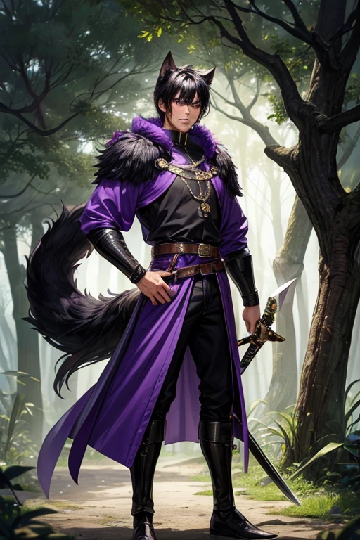 30 year old beast semi human man with short black hair, peinado desorenado con orejas de lobo en la cabeza , Medieval purple hunter clothing purple eyes holding a sword brown shoes brown leather belt jade ornaments black wolf tail in forest background with magical symbols