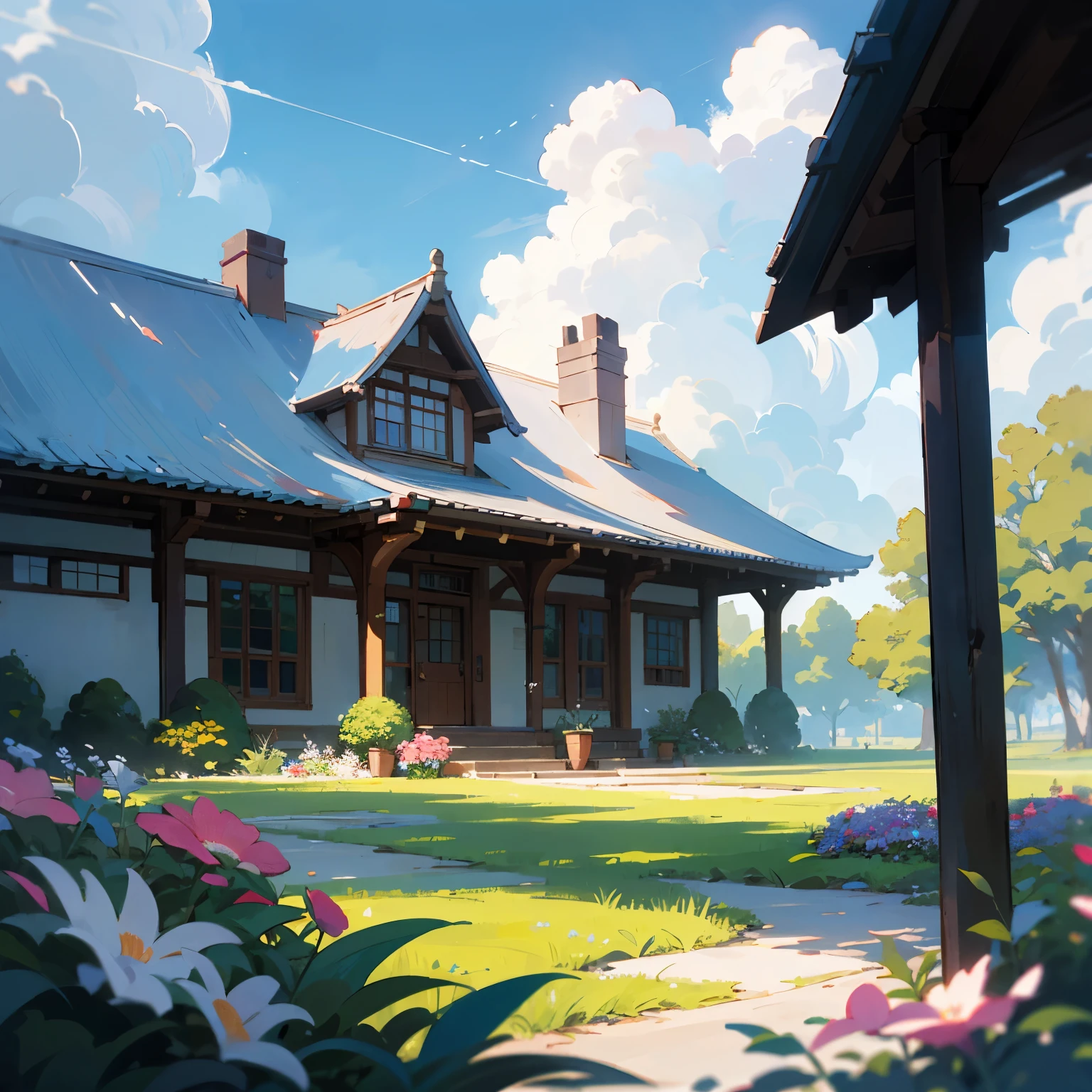 A road of flowers in vibrant shades of pink, yellow, and white stretches gently through the field, leading the eye to a charming countryside house in the distance. The flowers seem to dance softly in the breeze, creating a natural carpet that invites a peaceful stroll. The countryside house, with characteristics reminiscent of Studio Ghibli, looks like something out of a fairy tale. Its architecture is simple yet charming, with sloping roofs, large windows, and a welcoming porch adorned with flowers in colorful pots. The house is surrounded by a lush garden, where plants and flowers grow freely, giving an air of magic and mystery to the place. Around the house, tall, leafy trees create a natural barrier, protecting it from the wind and harsh sun. The sky above is painted in soft shades of blue, with fluffy white clouds lazily floating by, completing the idyllic scene., Storybook Illustration, Colorful, Black and White, High Contrast, Kinemacolor, HSV, Accent Lighting, A road of flowers in vibrant shades of pink, yellow, and white stretches gently through the field, leading the eye to a charming countryside house in the distance. The flowers seem to dance softly in the breeze, creating a natural carpet that invites a peaceful stroll. The countryside house, with characteristics reminiscent of Studio Ghibli, looks like something out of a fairy tale. Its architecture is simple yet charming, with sloping roofs, large windows, and a welcoming porch adorned with flowers in colorful pots. The house is surrounded by a lush garden, where plants and flowers grow freely, giving an air of magic and mystery to the place. Around the house, tall, leafy trees create a natural barrier, protecting it from the wind and harsh sun. The sky above is painted in soft shades of blue, with fluffy white clouds lazily floating by, completing the idyllic scene.: Studio Ghibli
:
