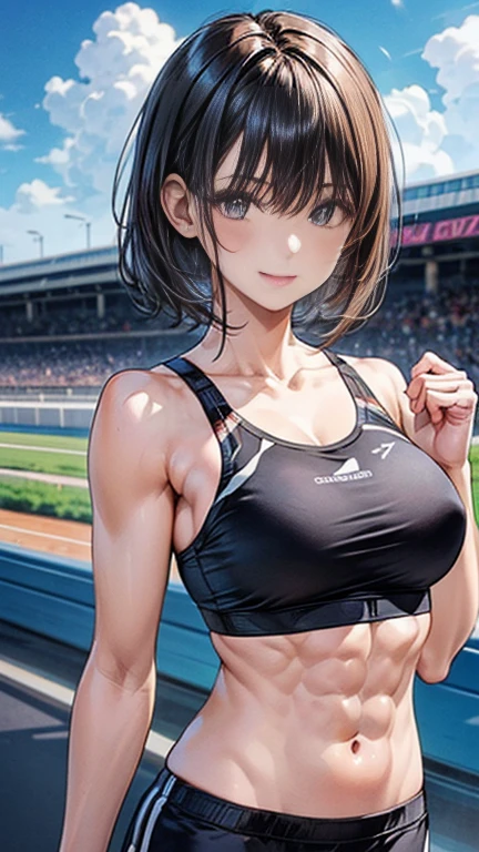 ((highest quality)), ((masterpiece)), (detailed), (Character Focus、breast focus), (One Girl: 1.5)、4k、((Symmetrical facial features)), Anime 2D Rendering, Realistic young anime woman, Perfect Face, (Anime eyes:1.2、Beautiful fine details、Shining Eyes), Beautiful body, Beautiful thighs, Beautiful feet, (Beautiful white skin:1.2)、Perfect round butt、 Slightly larger breasts、Black Hair、(short hair)、Dark blue eyes、(Athletics、Little abs、Racing Bra:1.4、Racing Shorts:1.4)、 Captivating smile、Turn your face and body towards the viewer、
