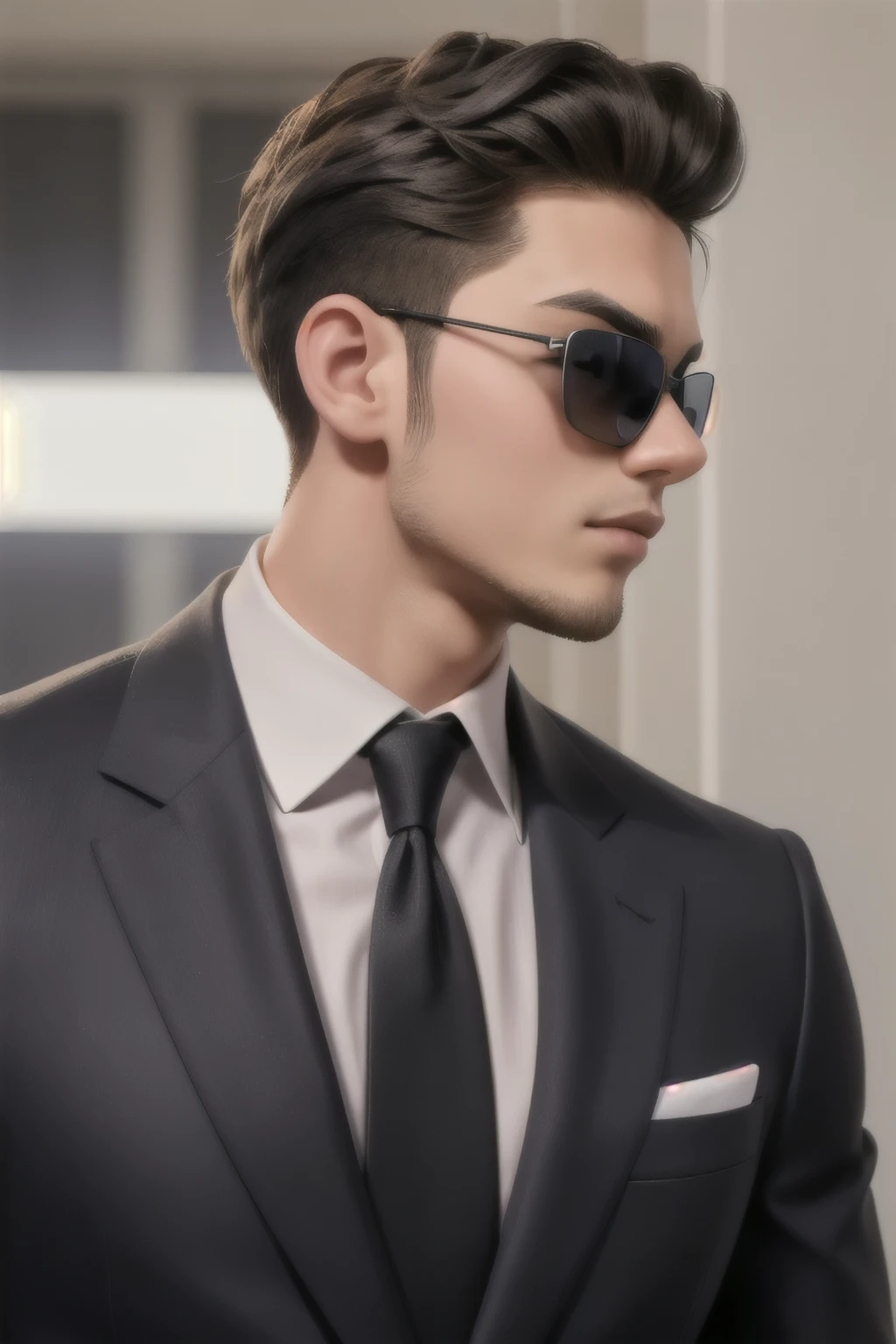 tall, slim and sexy man, elegant black suit and black sunglasses, looking intently at camera, profile photo
