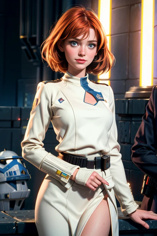 une femme de 25 ans, rousse, sexy, romantic smile, HD, 8k, masterpiece, a lot of details, star war, storm trooper, soldat de l'empire, armure blanche