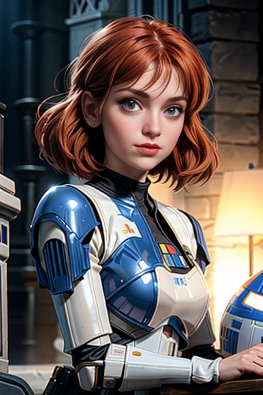 une femme de 25 ans, rousse, sexy, romantic smile, HD, 8k, masterpiece, a lot of details, star war, storm trooper, soldat de l'empire, armure blanche