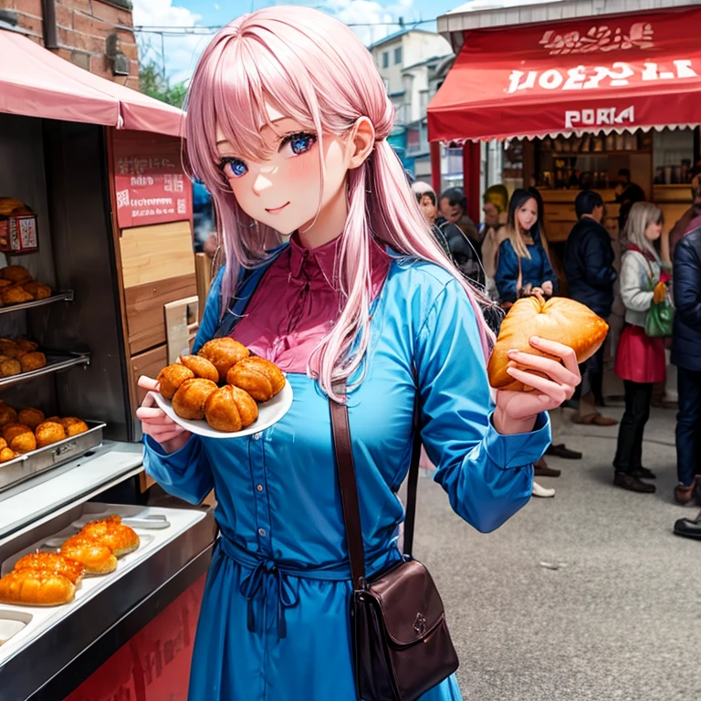 Woman eating borsch and pirozhki at a Russian street food stall　Tight clothing