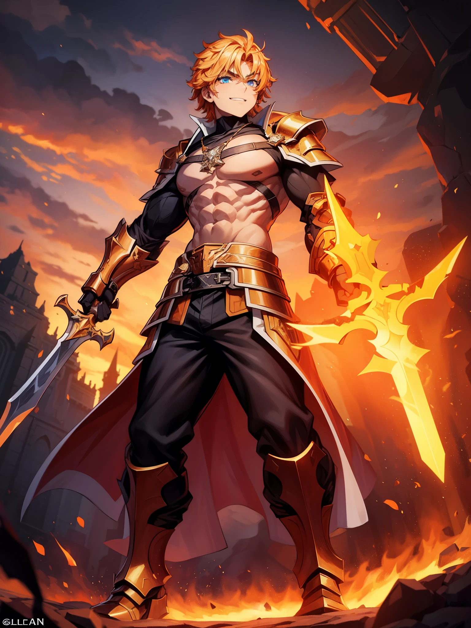 Hero in a molten heavy armor holding a sword, the gleam of the sword is on fire standing viciously on his feet in a medieval vilage on fire, show full body ral-lava